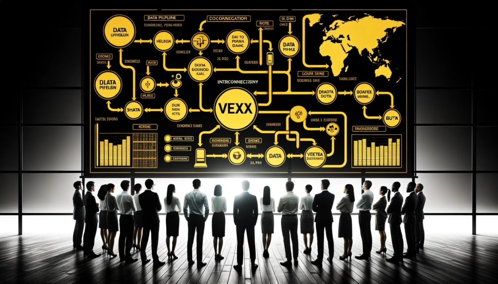 DALL·E 2023-10-23 16.22.21 - Photo Image_ A diverse group of professionals gathered around a large screen, analyzing a data pipeline flowchart with Vexdata's interface in the back (1)