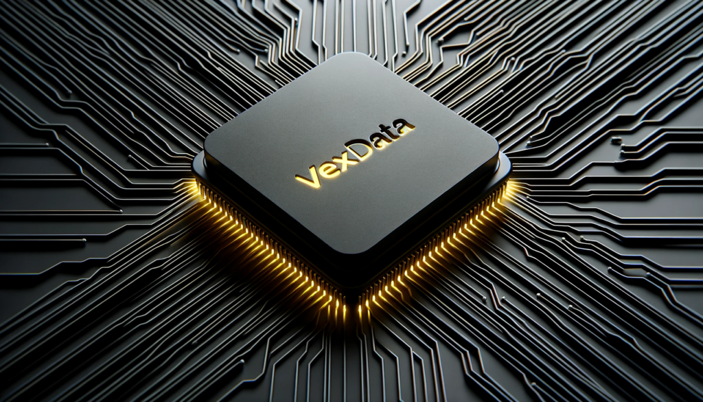 DALL·E 2023-10-23 16.22.24 - Digital Render_ A 3D representation of a CPU chip with data packets flowing through it. On the chip's surface, the Vexdata logo glows in yellow, empha (1)