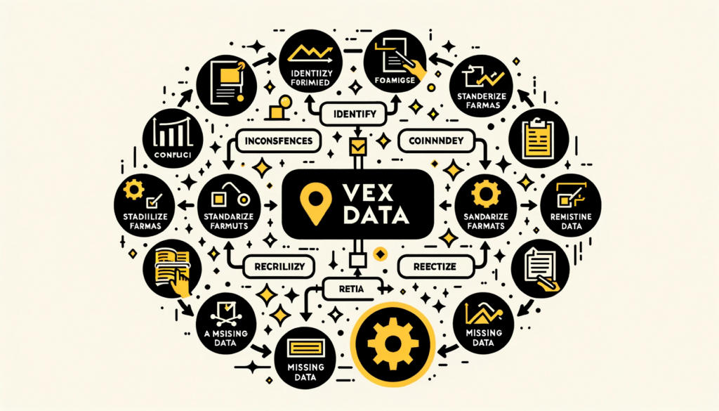 DALL·E 2023-10-23 19.36.30 - Vector Illustration_ A flowchart showing the data cleaning process with Vexdata's logo at the center. The flow includes steps like 'Identify Inconsist (1)