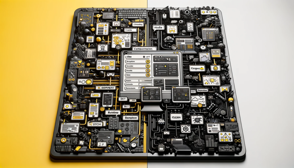 DALL·E 2023-10-23 19.40.19 - Digital Render_ A 3D visualization of a split screen, one side representing a complicated, cluttered interface and the other showcasing Vexdata's clea (1)