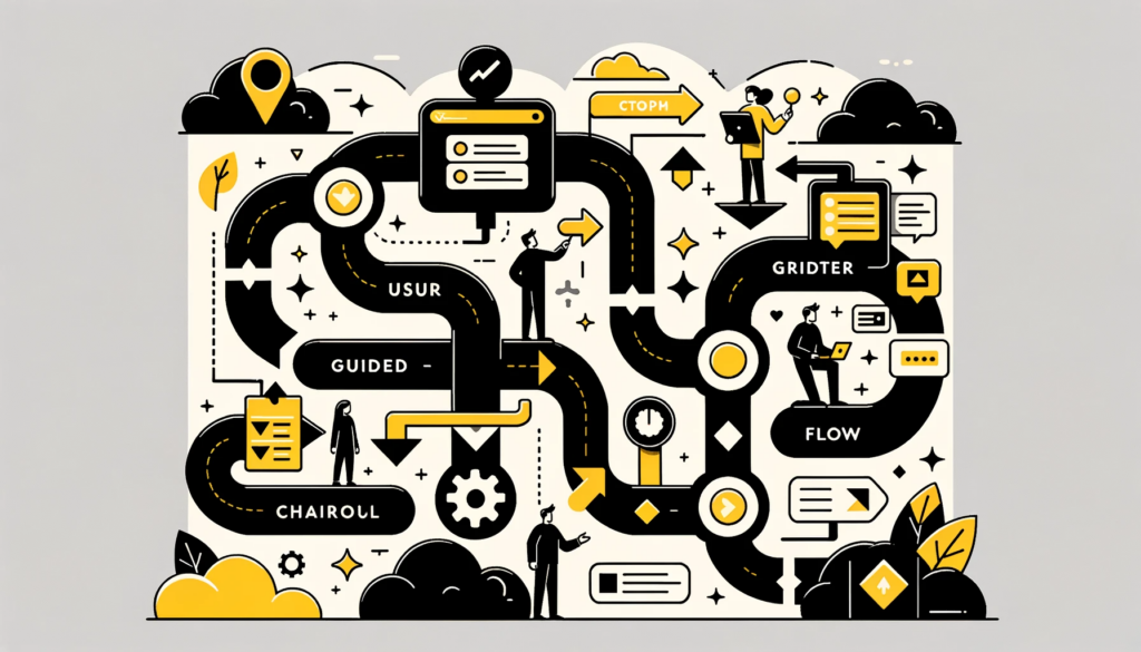 DALL·E 2023-10-23 19.40.20 - Vector Illustration_ A flowchart showcasing Vexdata's Guided Flow process, with user avatars navigating through the steps with ease, led by guiding ar (1)