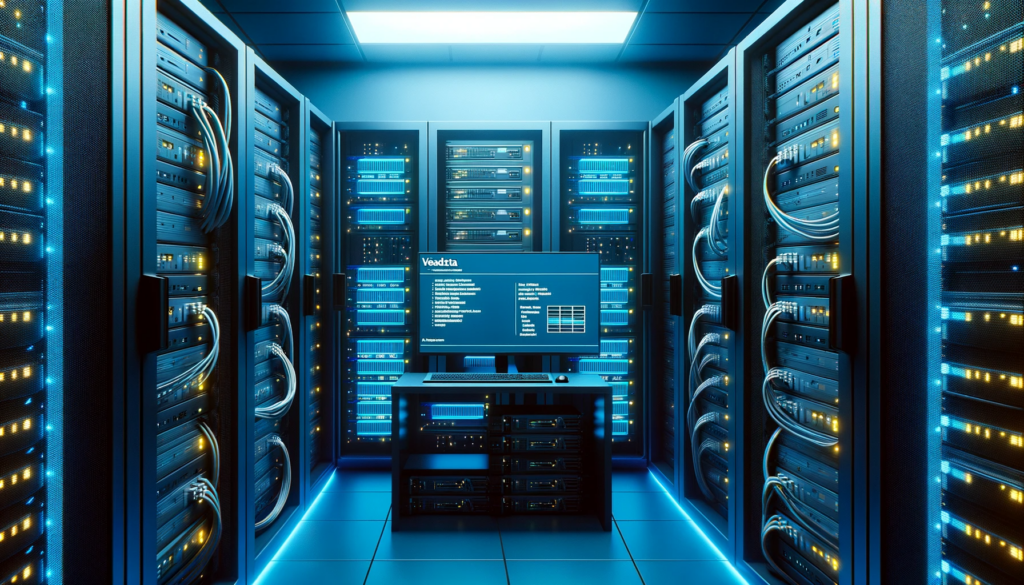 DALL·E 2023-10-23 19.49.38 - Photo Image_ A server room bathed in a soft blue hue, with racks of equipment and cables. A screen on one of the servers displays Vexdata's logo and a (1)