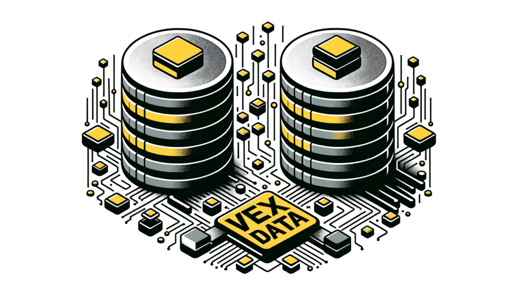 DALL·E 2023-10-23 19.49.41 - Vector Illustration_ Two large databases represented as 3D structures, with data flowing between them. Vexdata's logo stands prominently in the center (1)