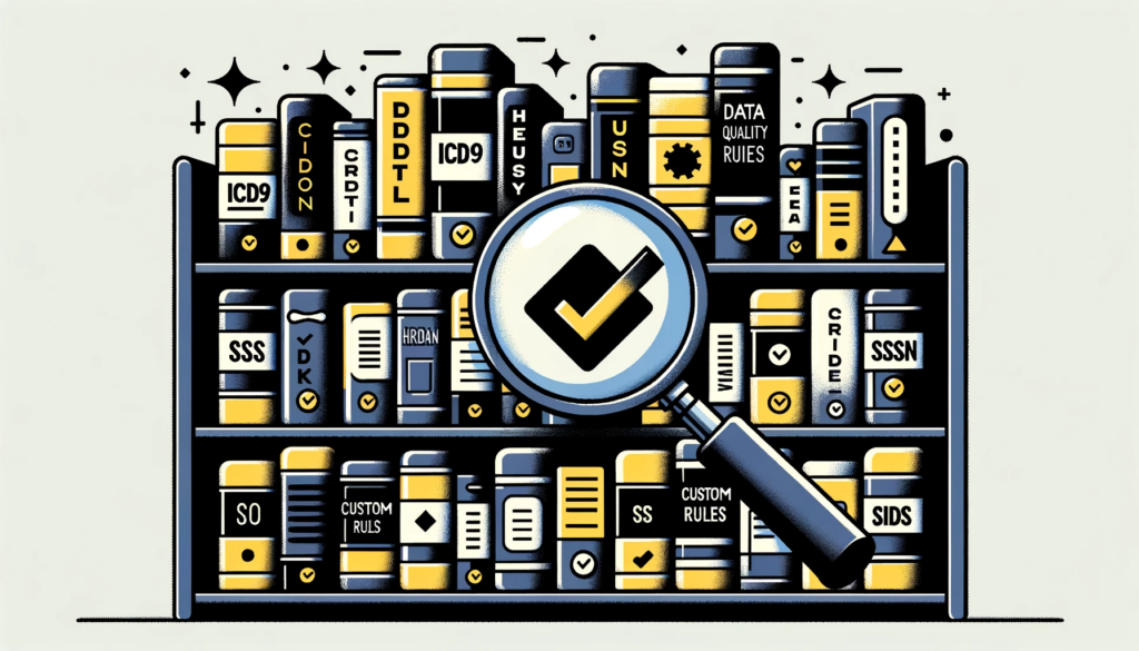 DALL·E 2023-10-23 19.53.30 - Vector Illustration_ A digital library shelf filled with books, each labeled with different data quality rules. Prominent labels include 'ICD9_10 Vali (1)