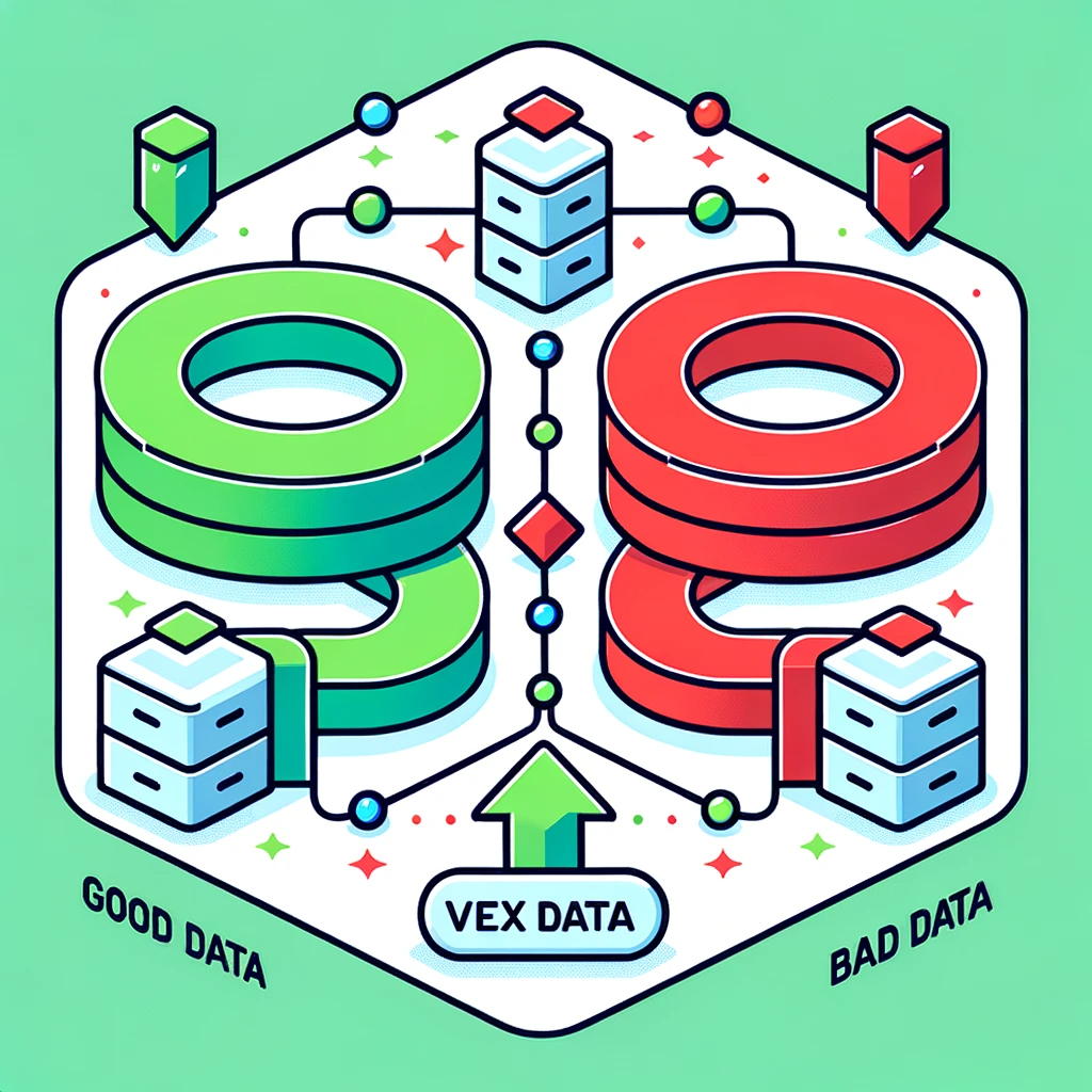 DALL·E 2023-10-23 19.55.25 - Vector image showcasing a data flow diagram. Two streams are visible_ one leading to a green storage representing 'Good Data' and the other leading to (2)