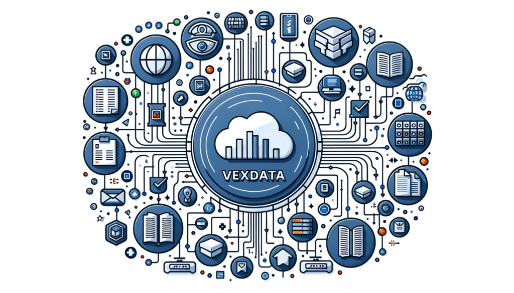 DALL·E 2023-10-23 20.00.55 - Vector design of various data formats like files, tables, and databases connected by lines to a central VexData logo, symbolizing the comprehensive da (1)