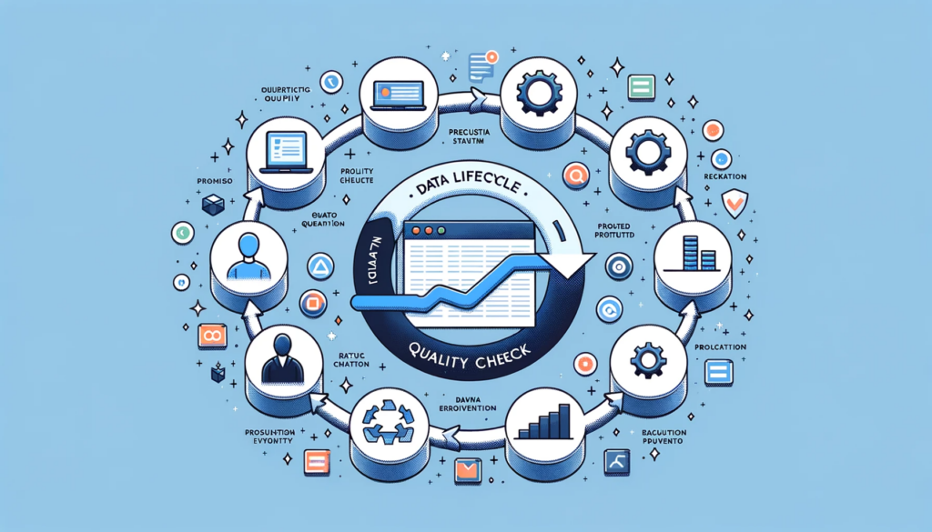 DALL·E 2023-10-23 20.00.56 - Illustration of a flowchart representing the data lifecycle from raw data input to processed data output, with VexData's logo ensuring quality checks (1)