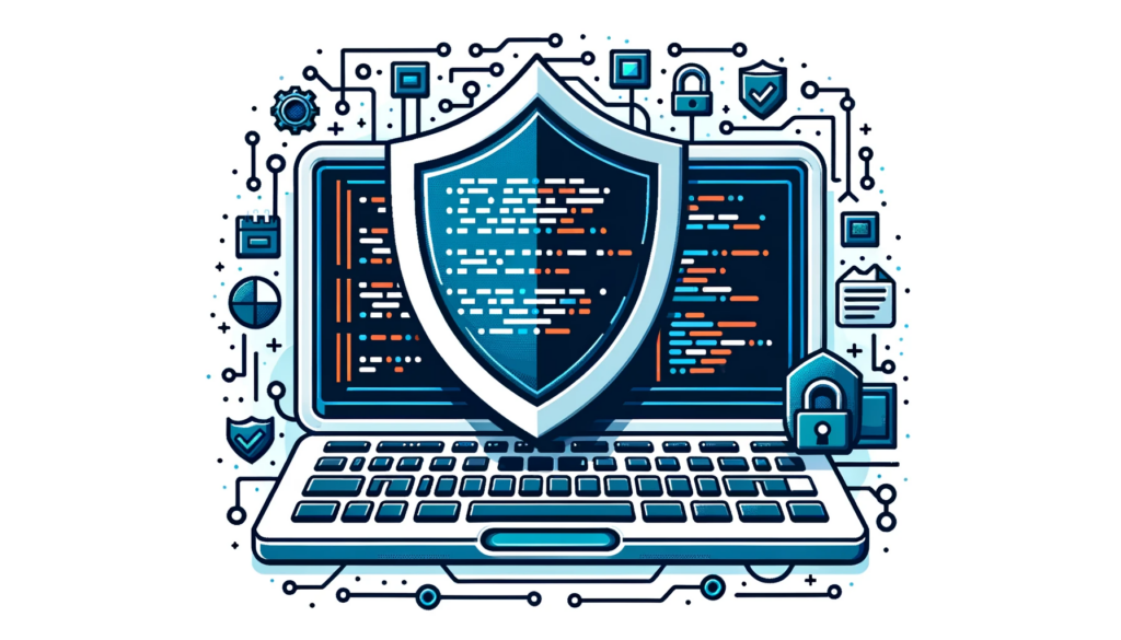 DALL·E 2023-10-23 20.03.33 - Vector design of a computer terminal with code running and a shield overlay, representing Vexdata's secure data migration processes (1)