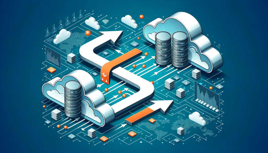 DALL·E 2023-10-23 20.03.34 - Illustration showcasing arrows moving data from an old database to a new cloud environment, symbolizing Vexdata's data migration capabilities (1)