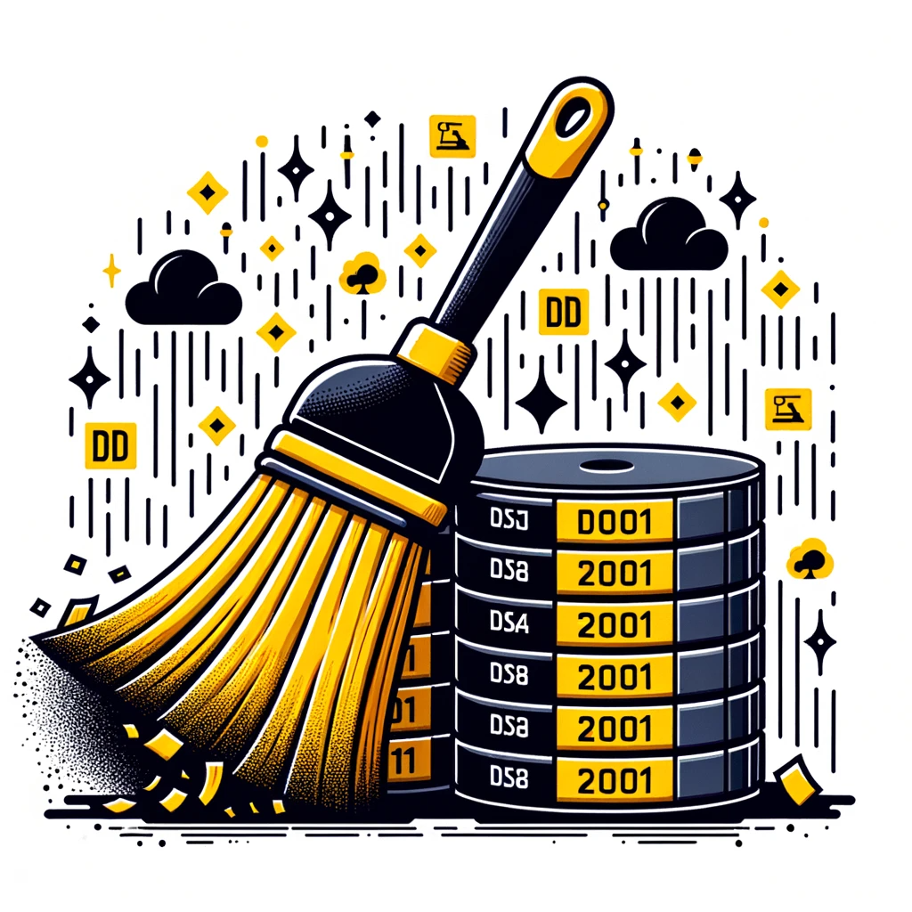 DALL·E 2023-10-23 20.06.05 - Illustration of a digital broom in yellow and black colors sweeping away corrupted data, symbolizing Vexdata's data cleaning capabilities (1)