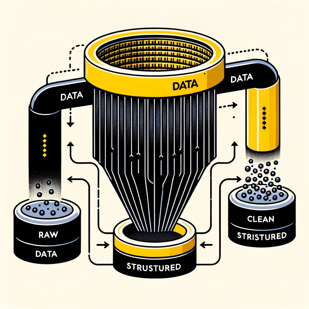 DALL·E 2023-10-23 20.06.06 - Diagram representing a data flow_ raw data entering a black and yellow Vexdata filter and emerging as clean, structured data on the other side (1)