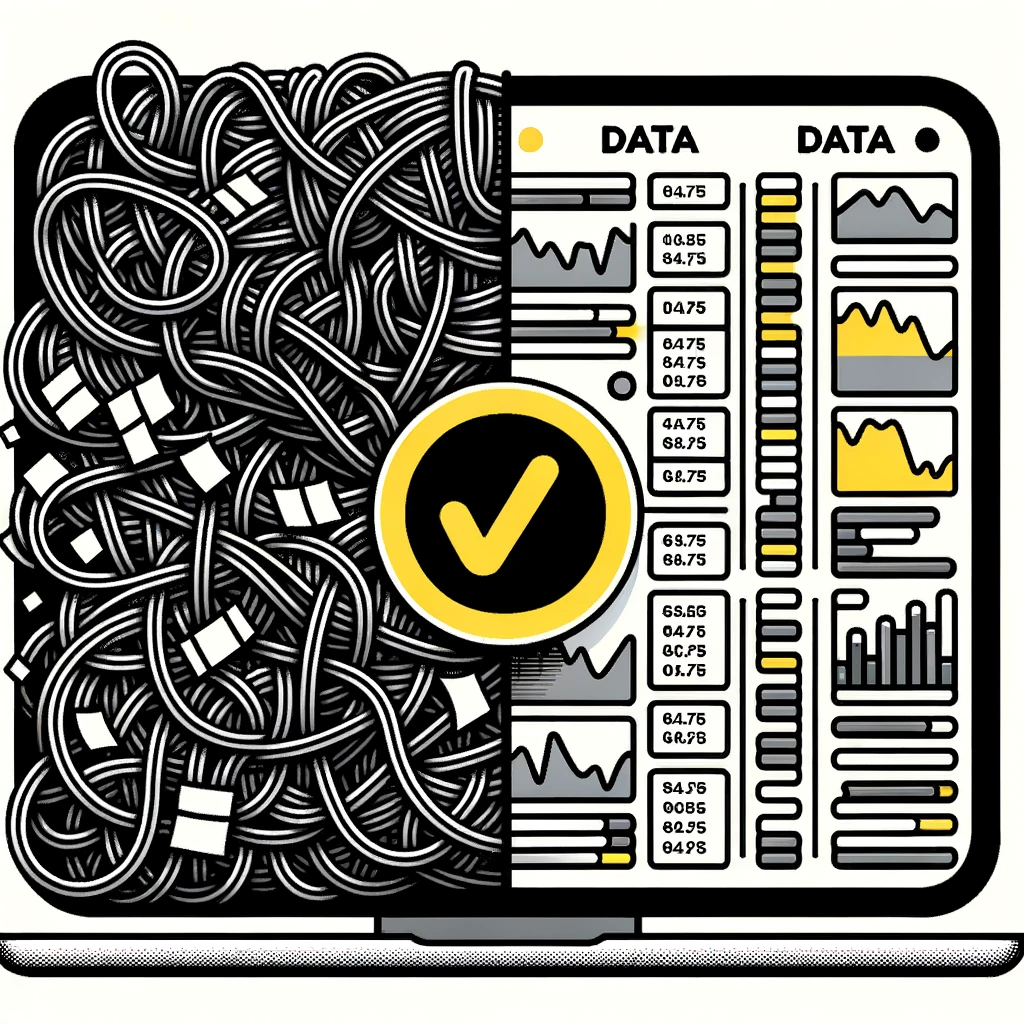 DALL·E 2023-10-23 20.06.08 - Vector design showing a split screen_ one side filled with messy, tangled data strings and the other showing neatly organized, clean data rows, with a (1)